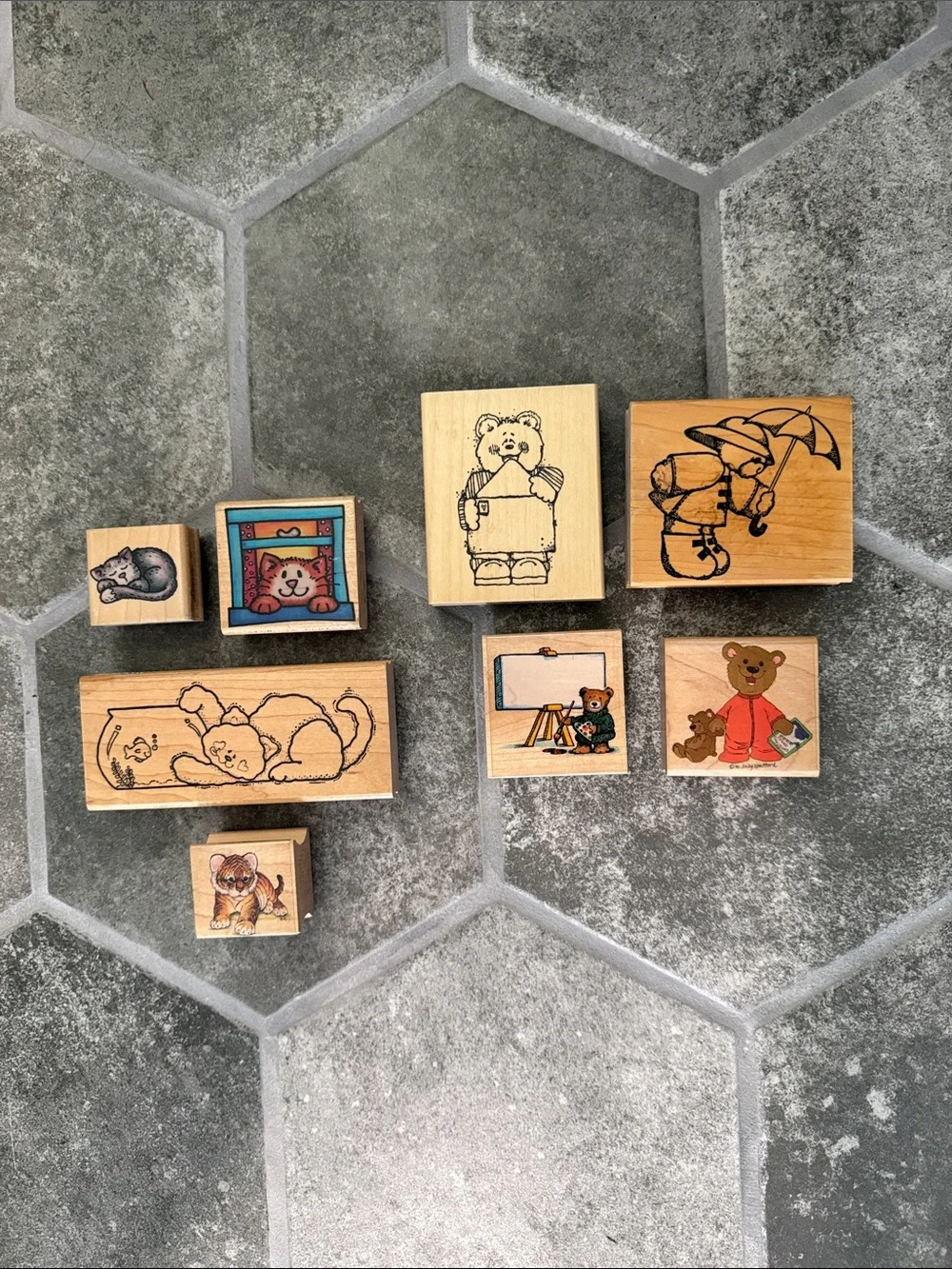 Cats and Bears Wooden Rubber Stamp 8 Stamp Set -All Night Media, Rubber Stampede